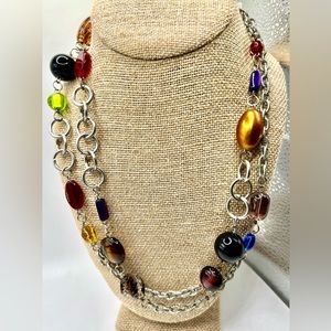 Multi Color Long Art Glass Bead Station Necklace